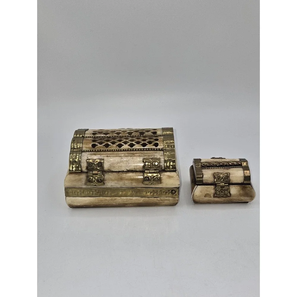Vintage Camel Bone Brass‎ Jewelry Casket Set Velvet Lined Pair